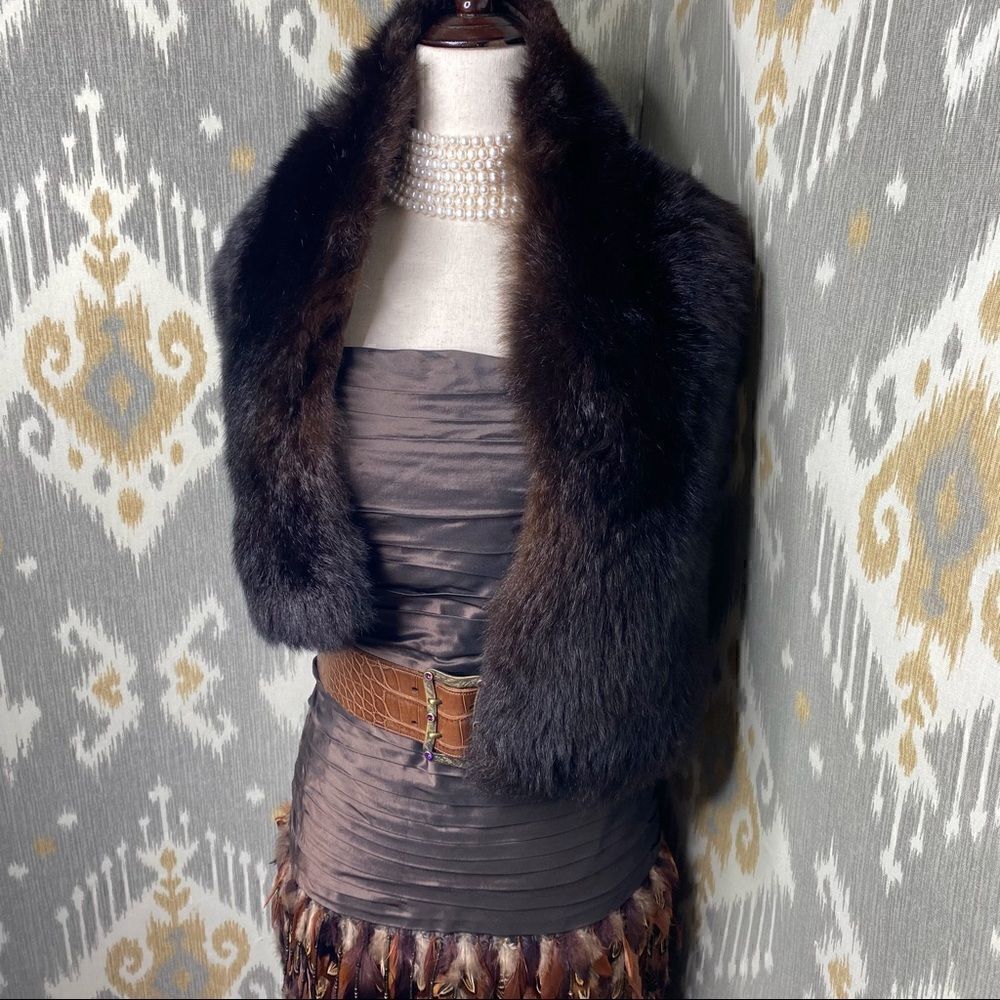 Ralph Lauren Vintage Brown Ruched Silk Taffeta Pheasant Feather Cocktail Dress - Picture 2 of 16